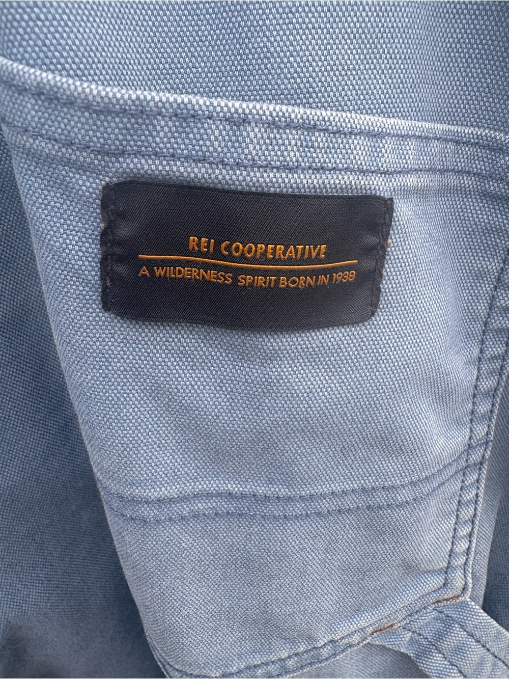 REI Light Blue Denim Overalls with Tan Adjustable Straps - Picture 4 of 4